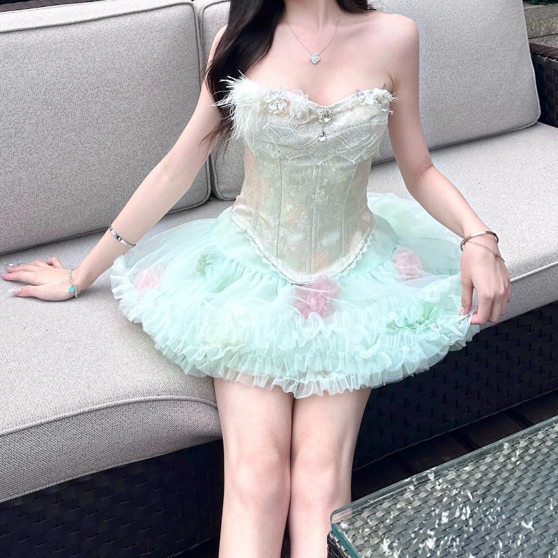 Lace hem mesh ruffle tube backless mini skirt set  | Festival Outfits Women