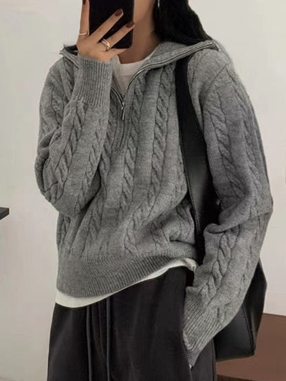 Vintage Lapel Neck Cable Half Zip Knit Sweater