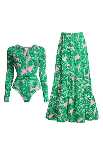 Conjunto de surf floral con cremallera verde