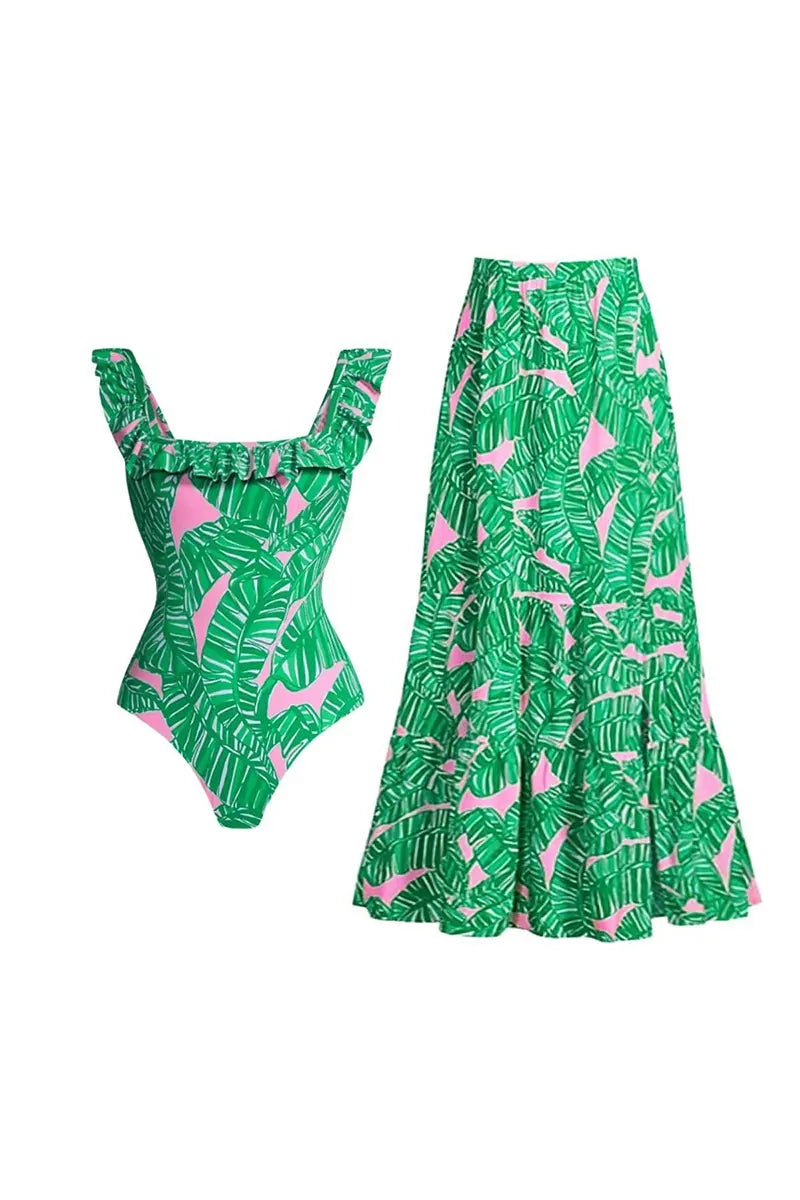 Traje de baño de una pieza con estampado de volantes verdes