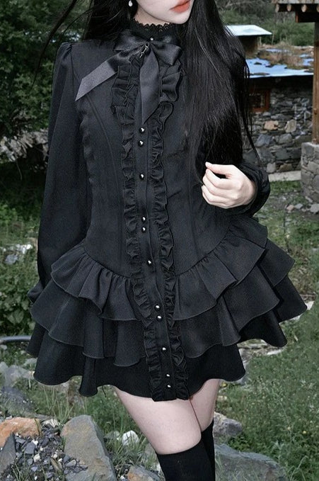 Black Gothic Lace O Neck Long Sleeve Slim Lolita Mini Dress