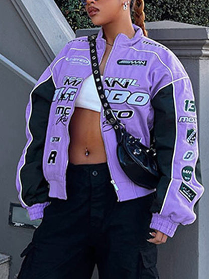 Color Block Splice Print Motorcycle Jacket
