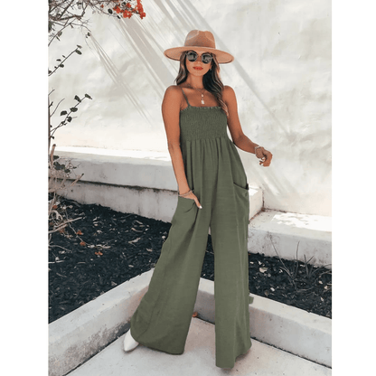 Women's Loose Wide-Leg Sleeveless Jumpsuit with Smoke Upper and Pockets | Ideal for Spring/Summer