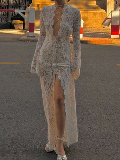 Deep V-Neck Strappy Slit For Slim Fit Maxi Dresses