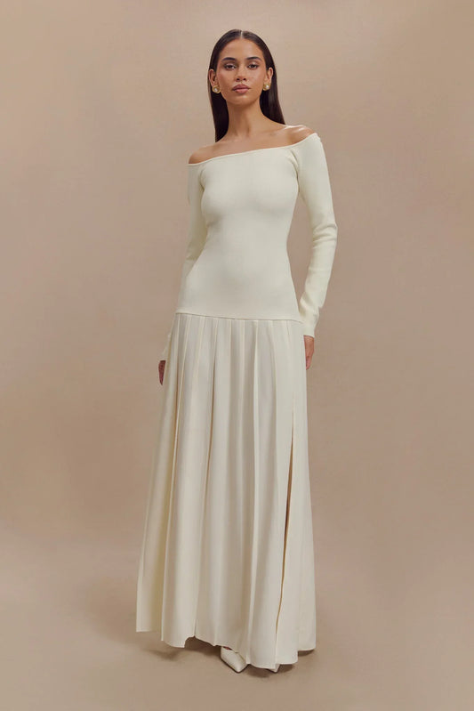 Vestido largo de punto con hombros descubiertos - Marfil