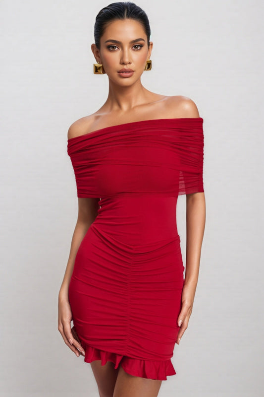 Elisd Red Slinky Mesh Off Shoulder Mini Dress