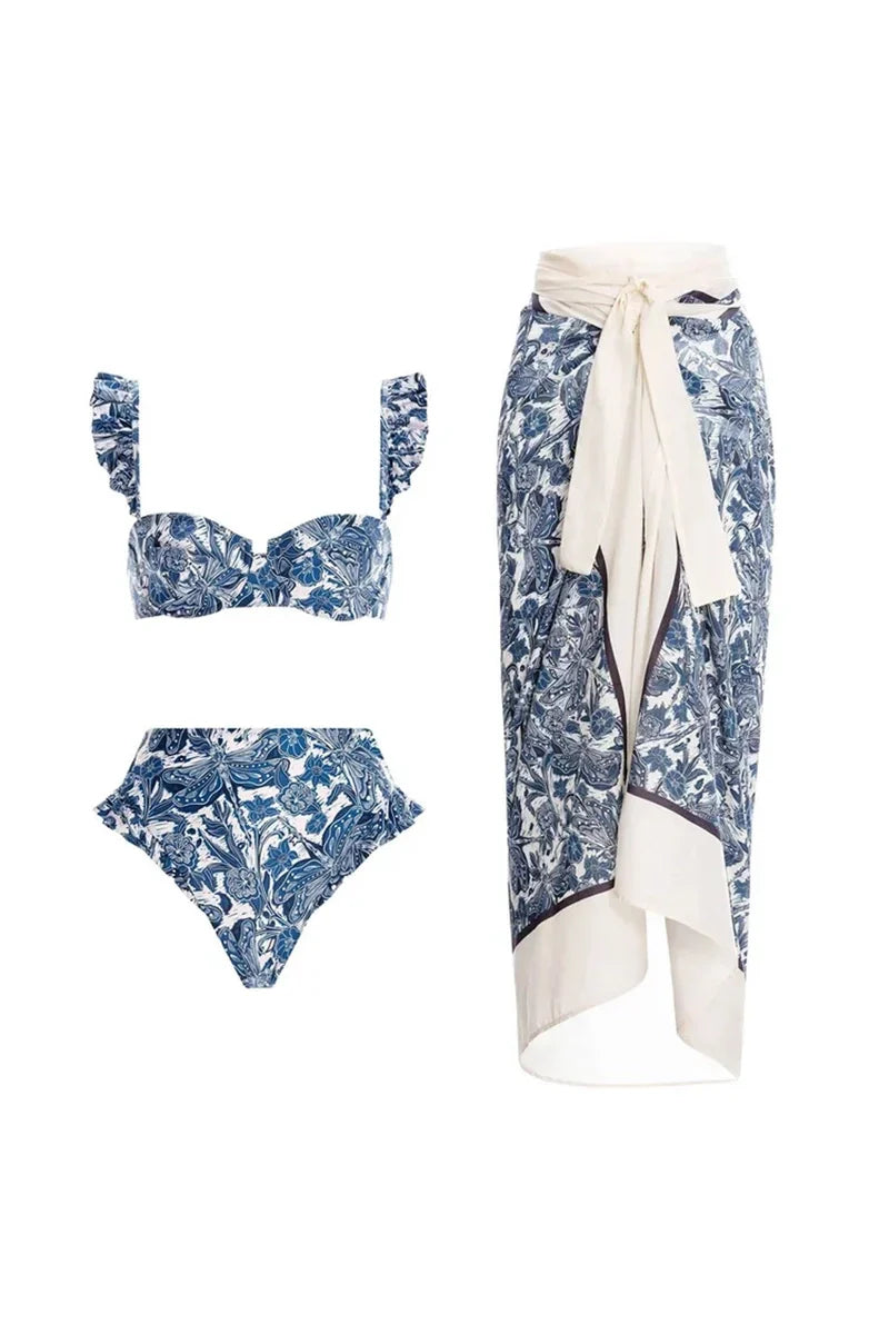 Conjunto de bikini con volantes y estampado de libélulas azules