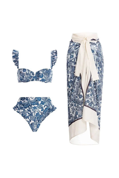 Conjunto de bikini con volantes y estampado de libélulas azules