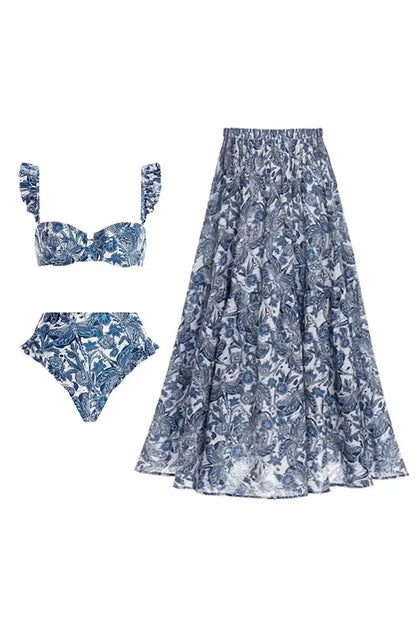 Conjunto de traje de baño con falda con volantes de libélula azul