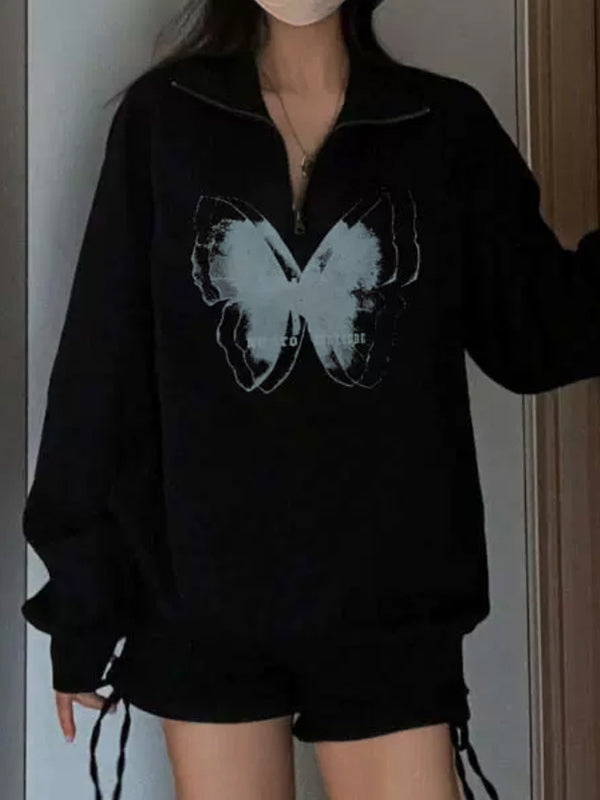 Butterfly Print Half Zipper Lapel Neck Sweatshirt