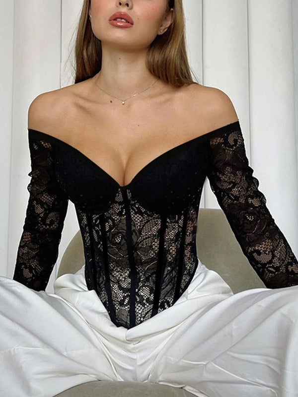 Off Shoulder Lace Corset Long Sleeve Tee