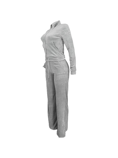 Solid Collar Neck Jacket & Lace Up Pants Set