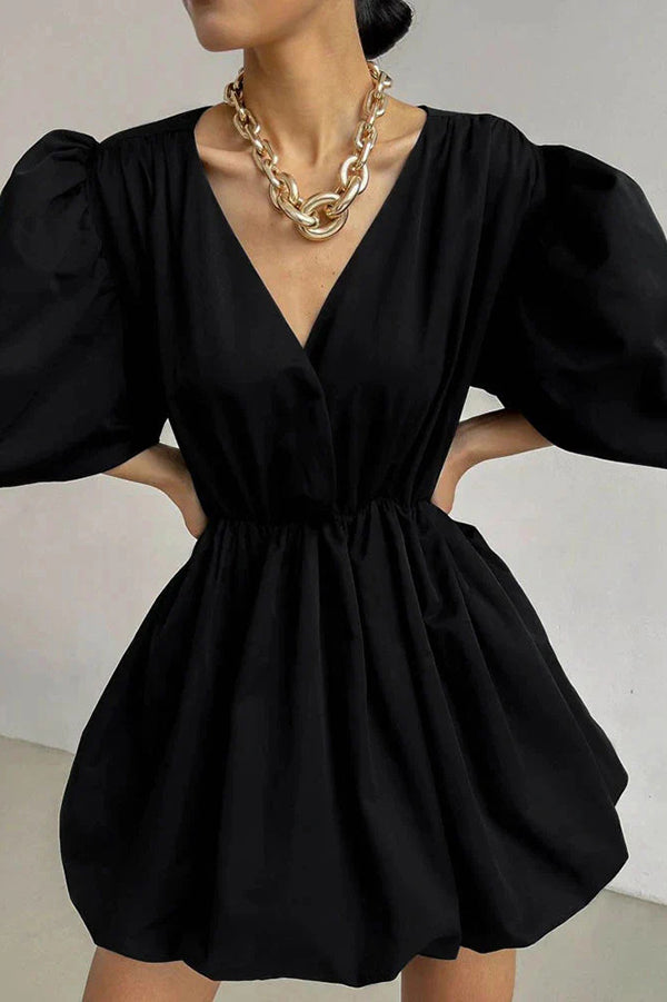 Solid Color Sexy V-neck Lantern Sleeve Waist Mini Dress