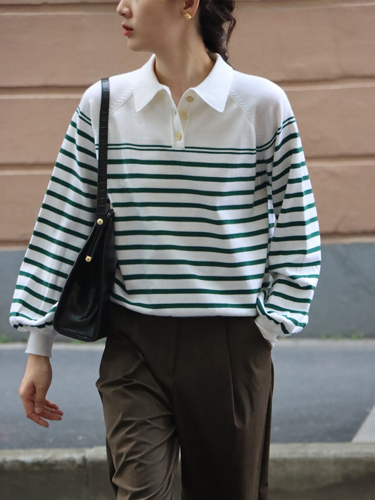 Edana Retro Polo Casual Striped Knit Sweater