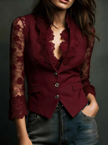 Lace Stitching V-neck Button Sexy Temperament Jackets
