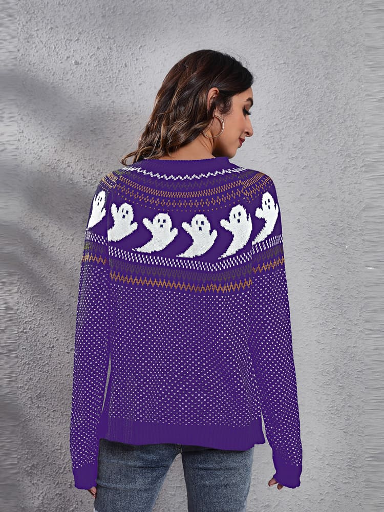 Suéter de punto con cuello redondo y estampado de fantasmas retro literario 