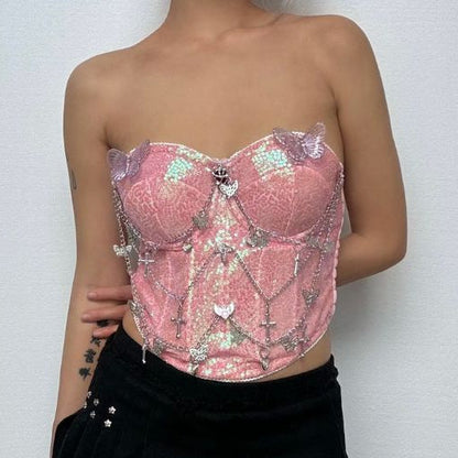 Glitter metal chain butterfly applique tube top  | Festival Outfits Women