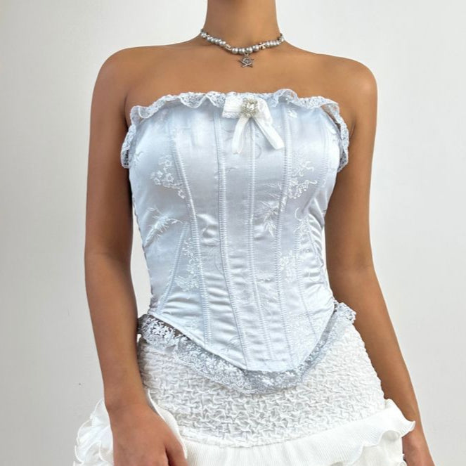 Bowknot lace hem corset lace up tube top  | Festival Outfits Women