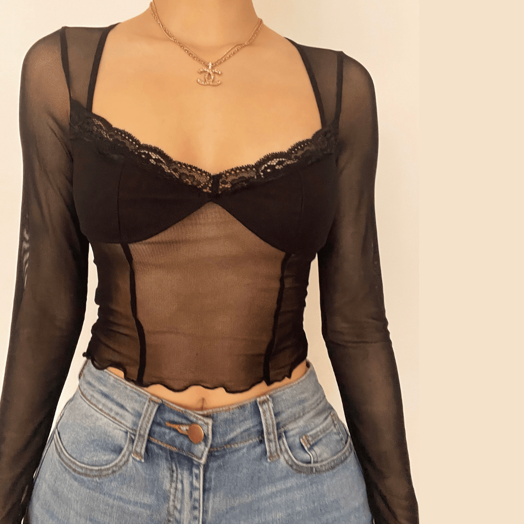 Hem lace ruffled long sleeve mesh crop top | Mesh Long Sleeve Crop Top