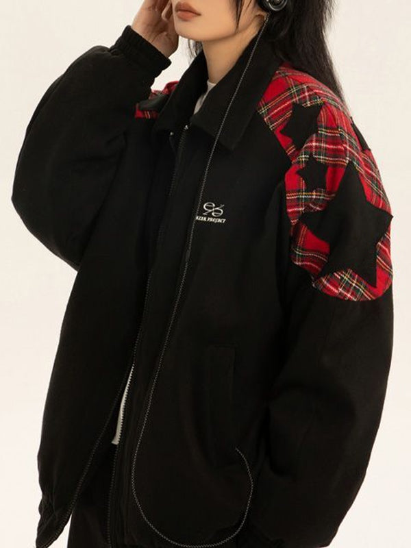 Vintage Plaid Star Splice Lapel Neck Jacket