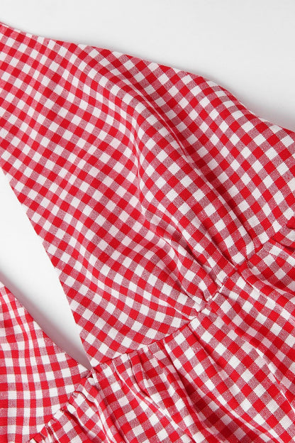 Deep V Halter Backless Checkered Crop Top
