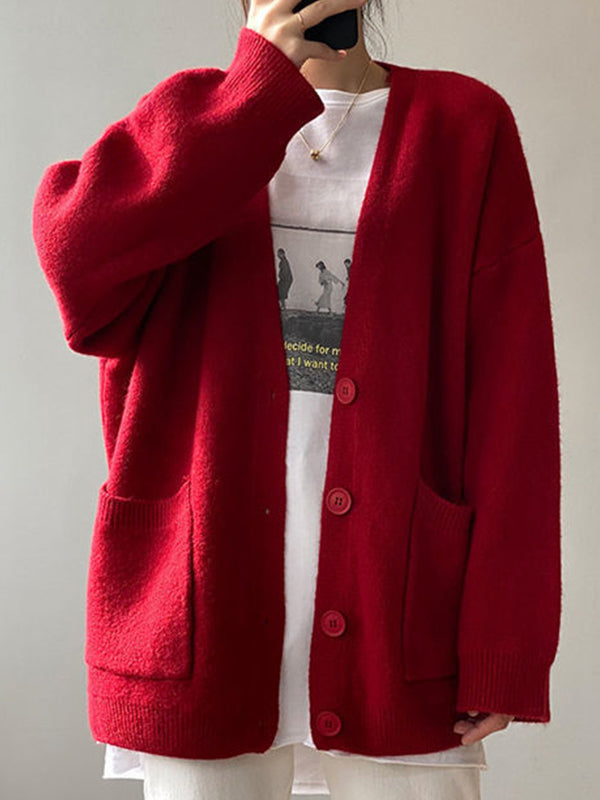 Solid V Neck Breasted Knit Cardigan