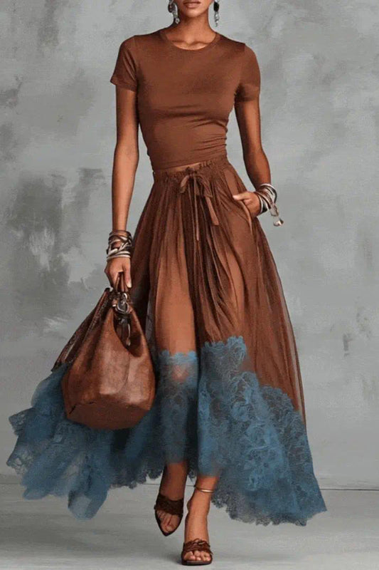 Stylish Round Neck Short-sleeved Fitted Top and Elastic Waist Pockets Lace Hem Maxi Skirt Set