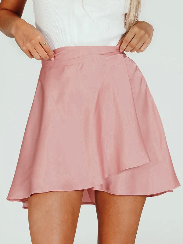 Solid Chiffon Satin Tie Up Mini Skirt