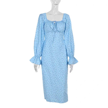 Long flared sleeve flower print self tie maxi dress  | Festival Outfits Women