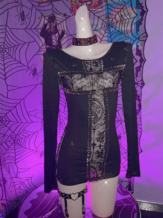 3 piece long sleeve halter cross applique top  | Festival Outfits Women
