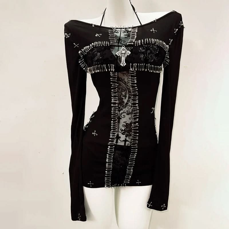 3 piece long sleeve halter cross applique top  | Festival Outfits Women