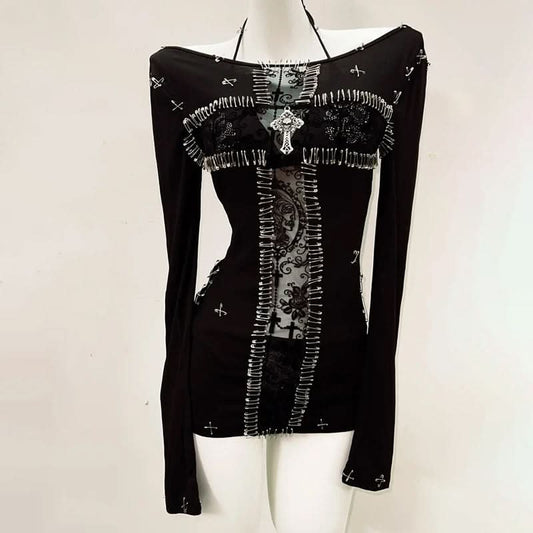 3 piece long sleeve halter cross applique top  | Festival Outfits Women
