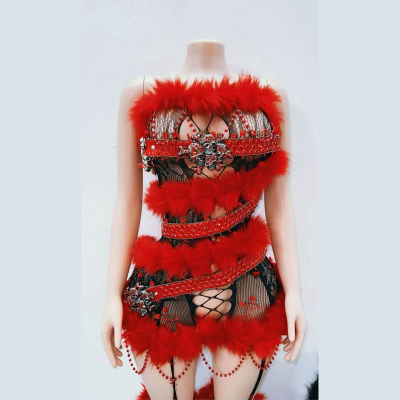 Hollow out fluffy lace beaded cut out mini dress  | Festival Outfits Women