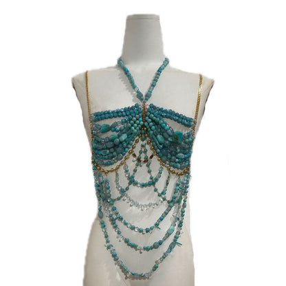 Halter beaded metal chain backless hollow out cut out top  | Festival Outfits Women