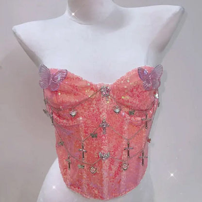 Glitter metal chain butterfly applique tube top  | Festival Outfits Women