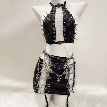 Metal chain zip-up skull applique hollow out mini skirt set  | Festival Outfits Women