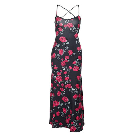 Cross back self tie flower print v neck cami maxi dress | Festival Outfits Women