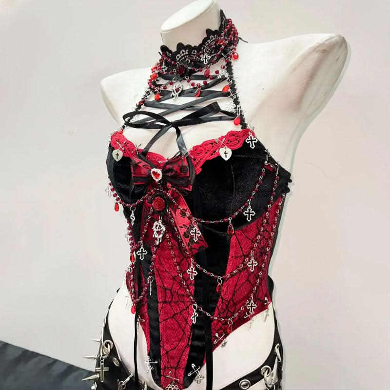 Lace up beaded flower applique bowknot top  | Festival Outfits Women