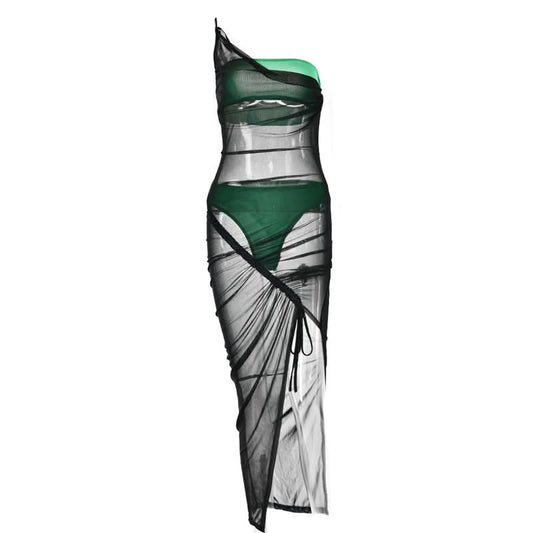 Drawstring mesh one shoulder 3 piece tube short pant set  | Festival Outfits Women