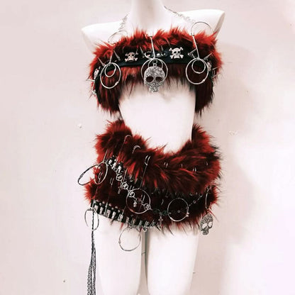 Fluffy o ring skull applique metal chain mini skirt set  | Festival Outfits Women