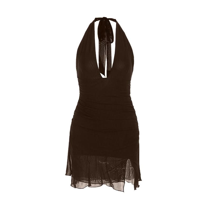 Halter self tie deep v neck slit ruched mini dress  | Festival Outfits Women