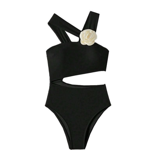 Irregular flower applique hollow out one piece swimwear