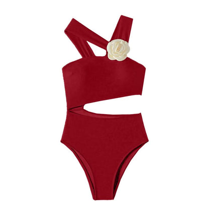 Irregular flower applique hollow out one piece swimwear