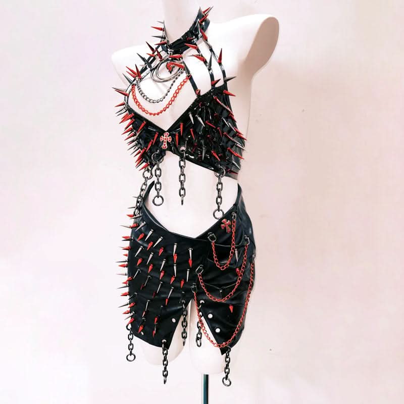 Metal chain hollow out halter slit mini skirt set  | Festival Outfits Women