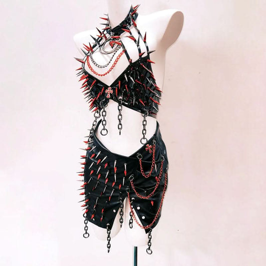 Metal chain hollow out halter slit mini skirt set  | Festival Outfits Women