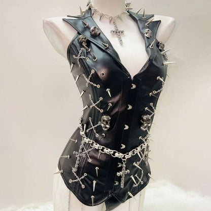 Metal chain PU leather rivet applique top  | Festival Outfits Women