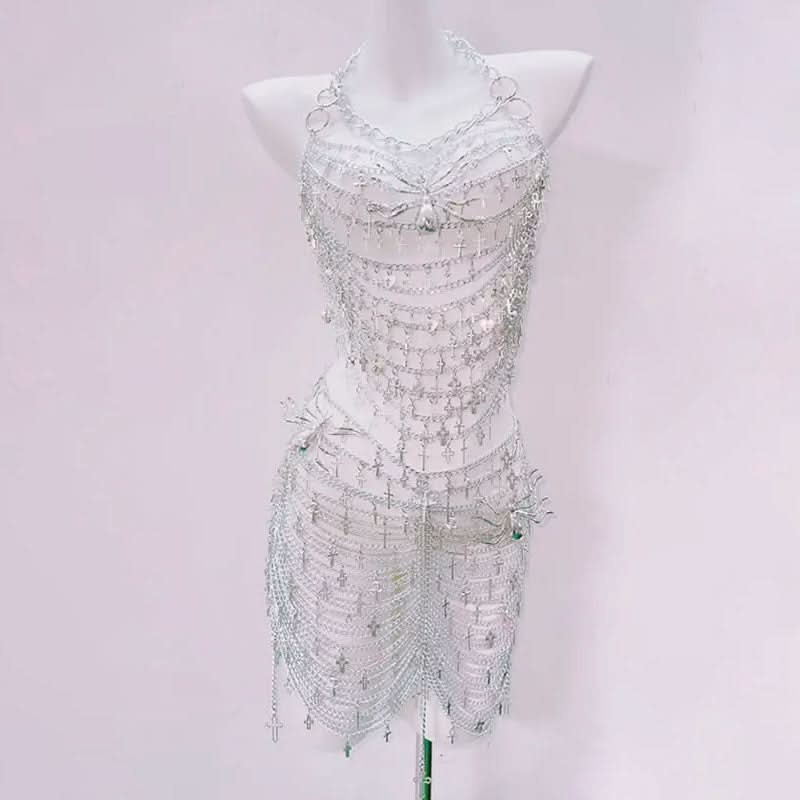 Metal chain hollow out spider applique mini skirt set  | Festival Outfits Women