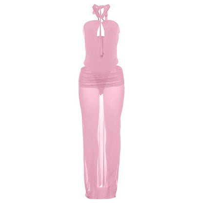Hollow out button halter ruched maxi skirt set  | Festival Outfits Women