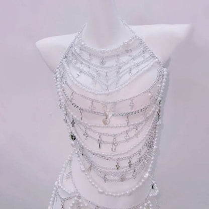 Halter beaded backless metal chain belt top  | Festival Outfits Women