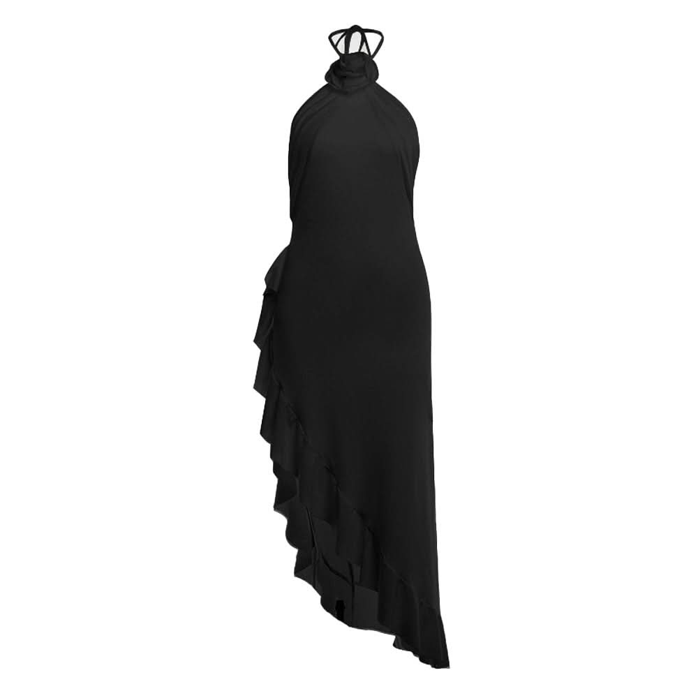 Ruffle irregular flower applique halter slit midi dress  | Festival Outfits Women